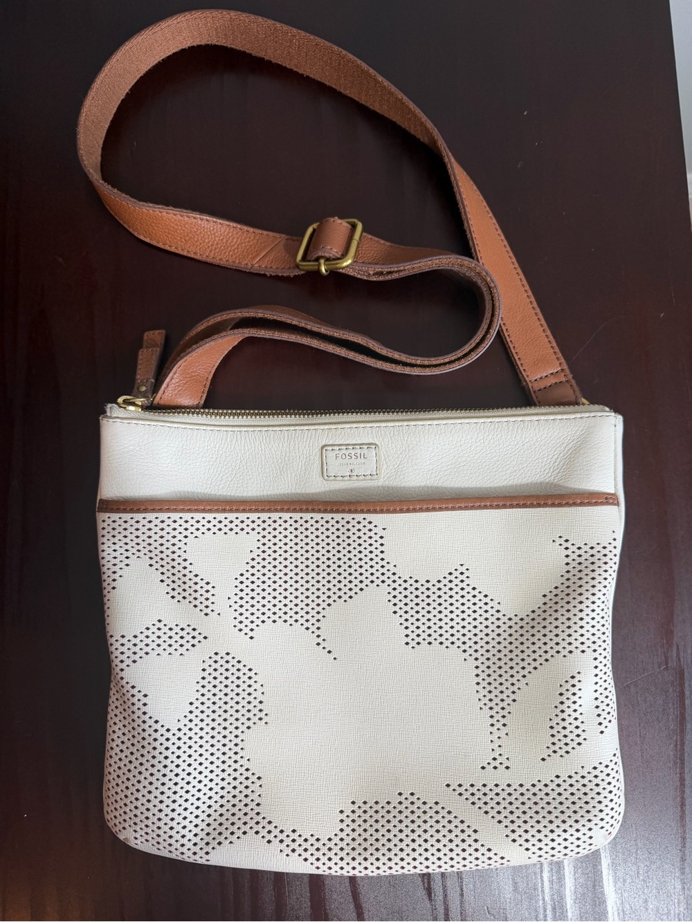 Fossil Cream Crossbody with Camel Trim